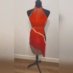 Custom, Latin ballroom dress. Red and grey fringe skirt. Costume.